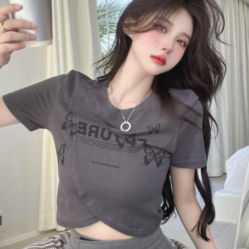 Imitation cotton irregular right shoulder short-sleeved t-shirt for women summer new butterfly pure desire slim fit hot girl short-sleeved top ins