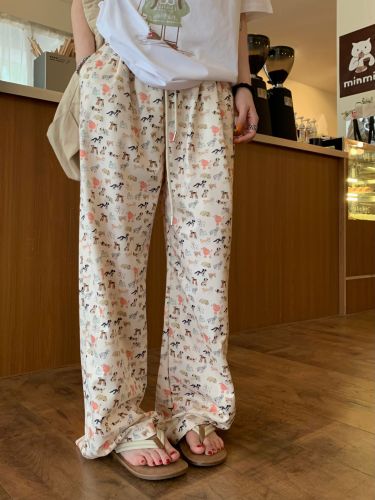 Real shot 2024~Puppy and cat printed sweatpants drawstring elastic waist casual wide leg pants