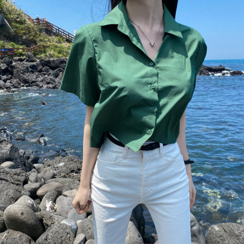Pure cotton size update Korean ins high waist back slit short sleeve shirt