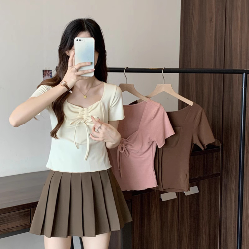 Pure Desire Square Neck Strap Short Sleeve T-shirt Design Slimming Short Style Gentle Style Hot Girl Exposed Collarbone Top Women