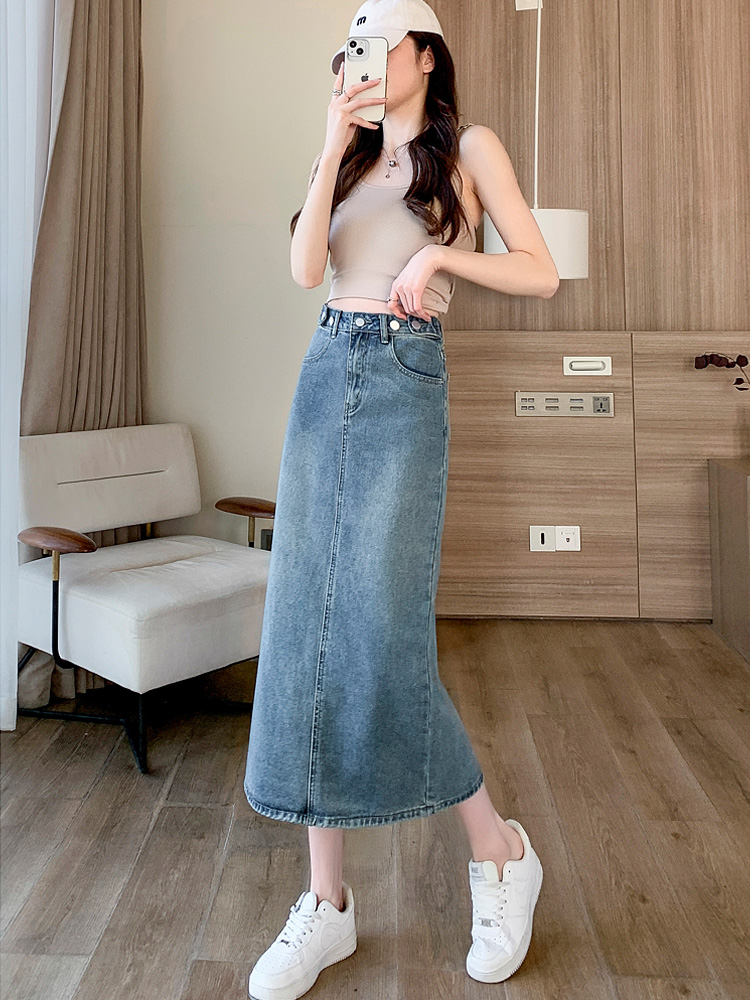 Retro slit straight denim skirt for women 2024 spring and summer high-waisted slim black a-line hip mid-length skirt