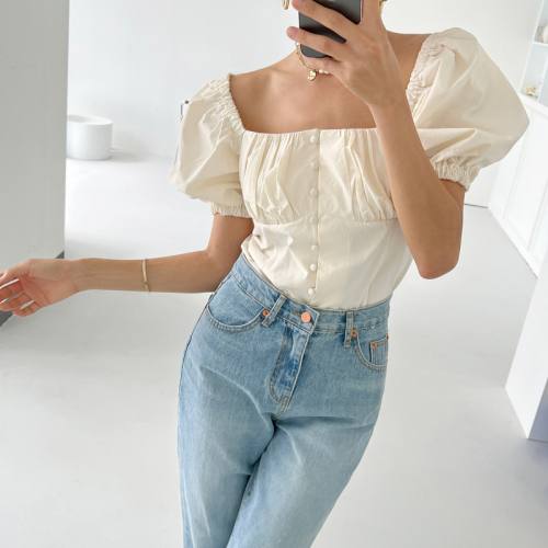 Pure cotton size update Korean ins summer small square collar puff sleeve single breasted short sleeve shirt