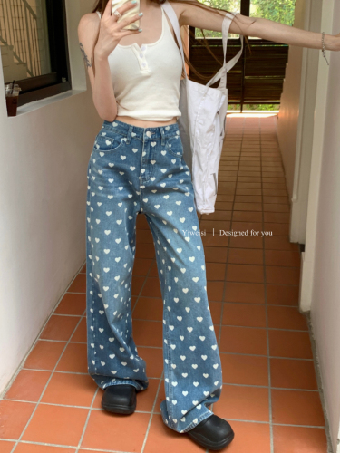 Actual shot of early spring loose wide-leg washed blue love-print straight floor-length denim trousers