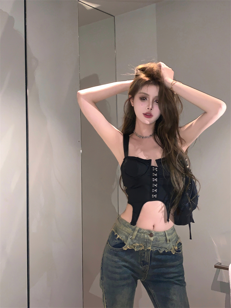 Real shot~European and American retro design corset camisole for women summer short sexy tight bottoming top