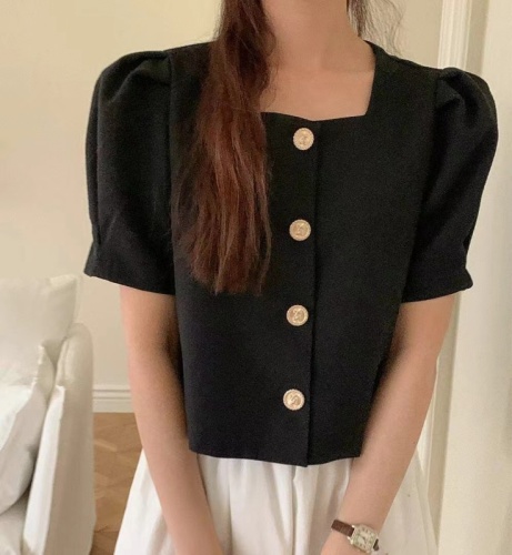 韩国chic 小香风方领单排扣短袖衬衫上衣女