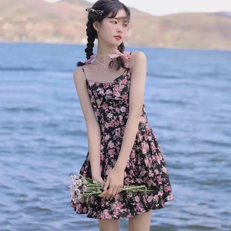 加胸墊甜欲風碎花吊帶裙子女夏季性感辣妹小個子收腰超仙短裙子