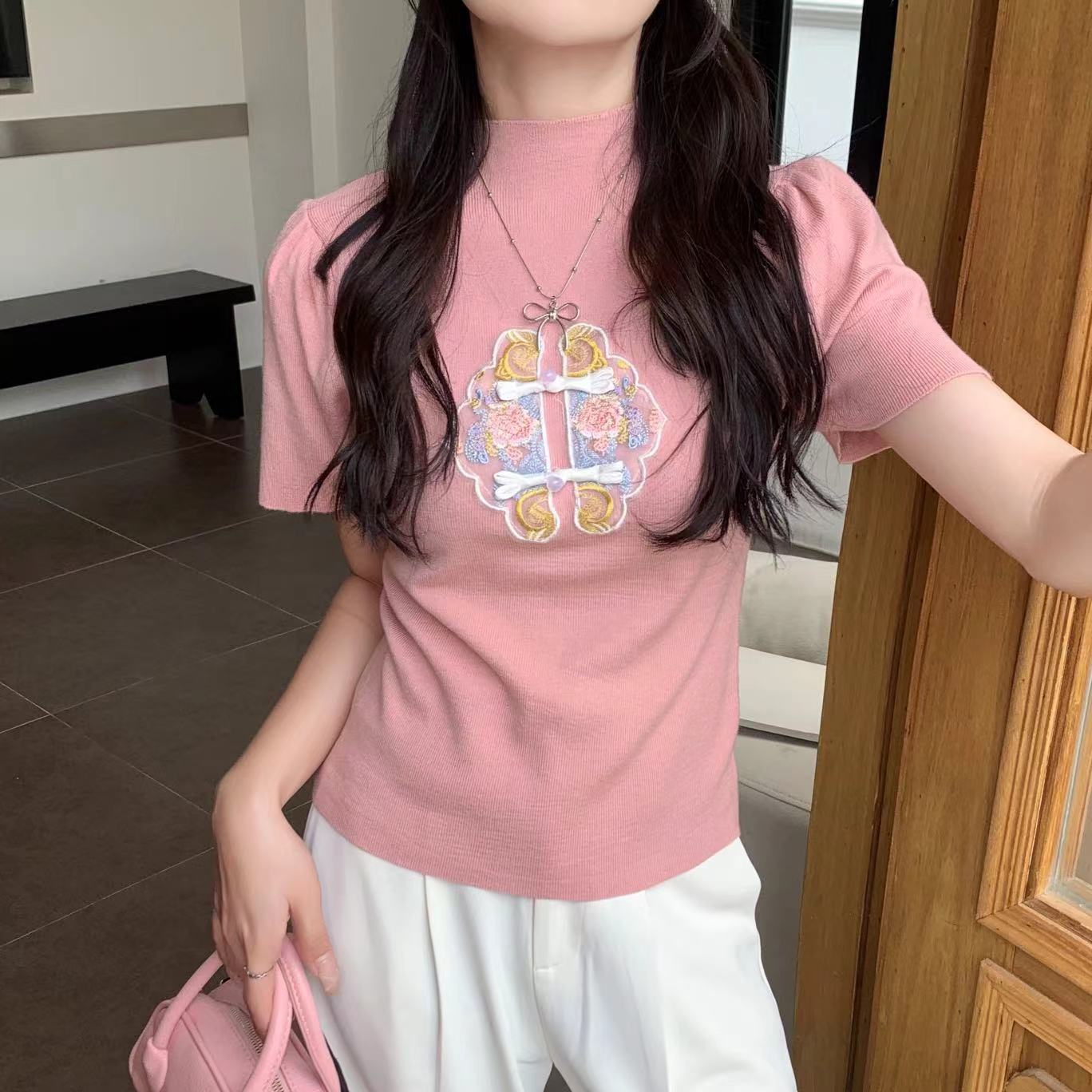 Actual shot~Summer new style new Chinese style retro plate button small stand collar right shoulder puff sleeve soft waxy short sleeve T-shirt