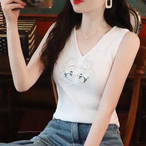 Summer sleeveless T-shirt for women 2024 new style foreign style new Chinese embroidery white national style pure cotton vest women's top