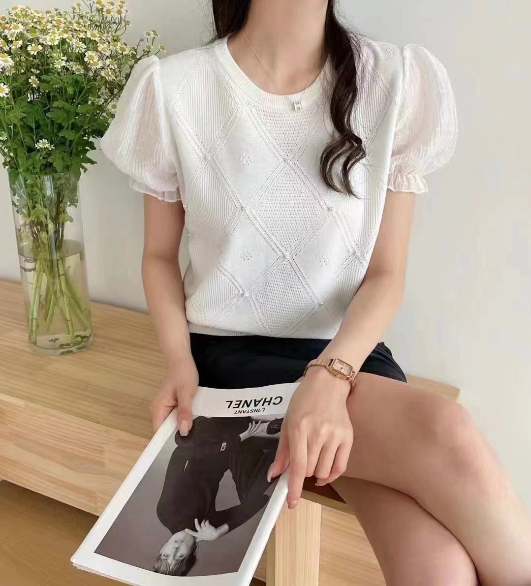 2024 new summer Korean style fashionable and beautiful beaded stitching chiffon puff sleeve short-sleeved top for women