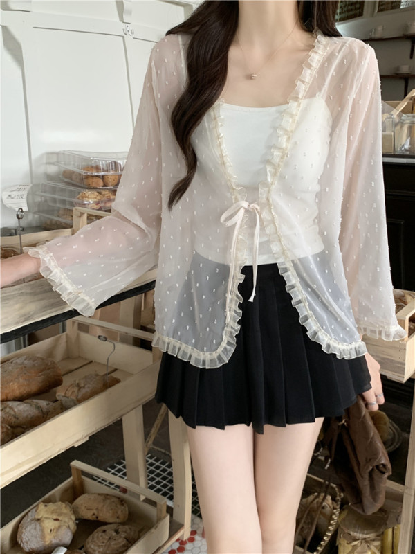 Real shot and real price lace chiffon summer breathable sun protection jacket suspender dress with small cardigan