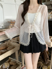 Real shot and real price lace chiffon summer breathable sun protection jacket suspender dress with small cardigan