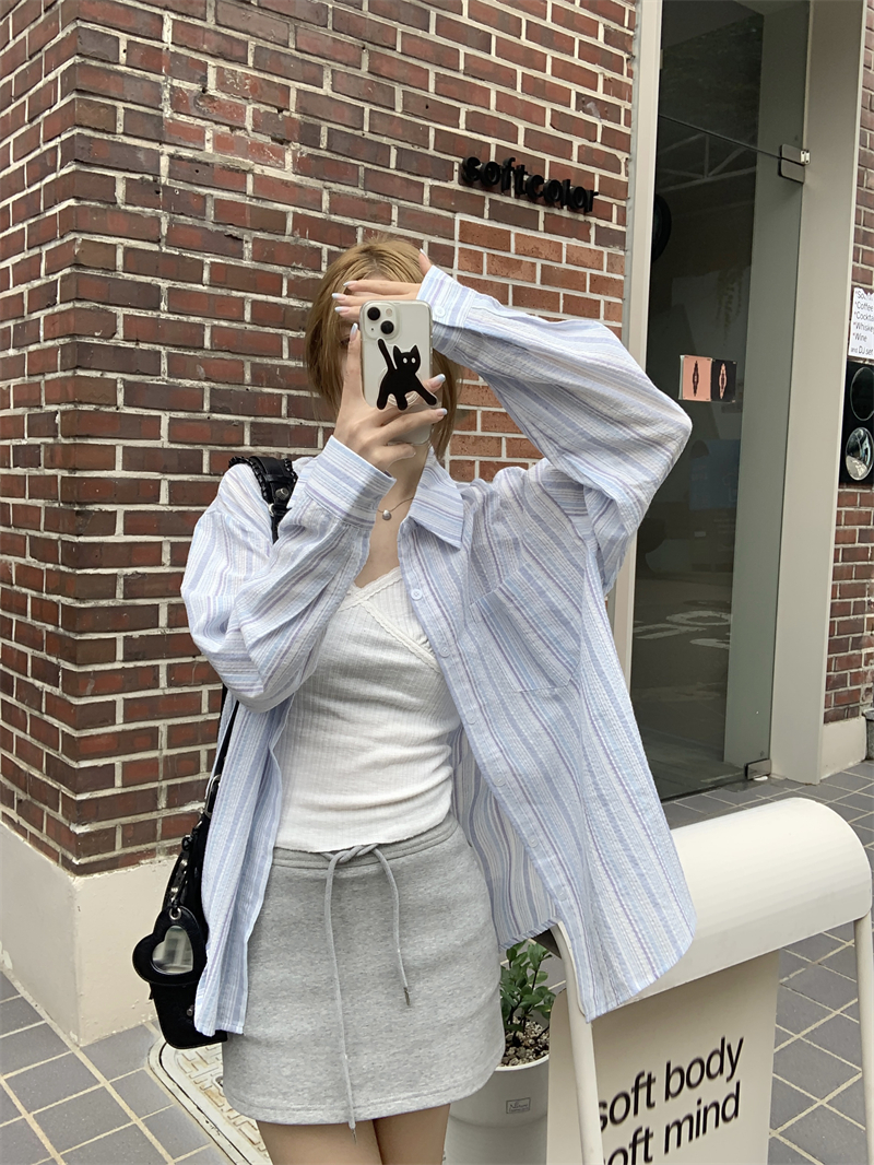 Actual shot ~ Summer salt casual vertical striped loose thin long-sleeved sun protection shirt