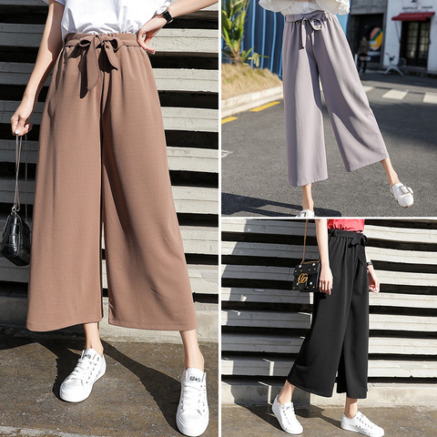 Wide-leg pants for women, new spring and summer Korean version, versatile loose chiffon casual straight-leg lace-up nine-point high-waisted women's trendy pants