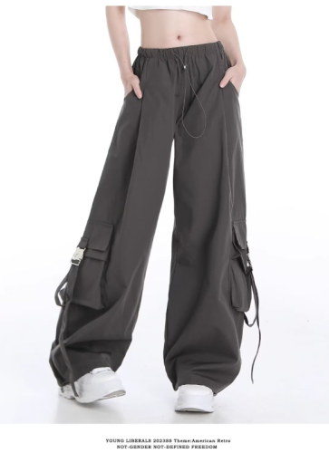vibe风设计感美式复古休闲工装裤低腰宽松抽绳裤子女夏季薄款