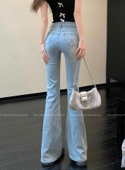 Actual shot#High-waisted micro-flared denim trousers for women with design back pocket bow embroidered floor mopping trousers