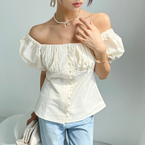 Pure cotton size update Korean ins summer small square collar puff sleeve single breasted short sleeve shirt