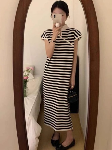 Contrast color striped straight loose sleeveless dress summer new cheongsam collar western style slimming slit knitted skirt for women