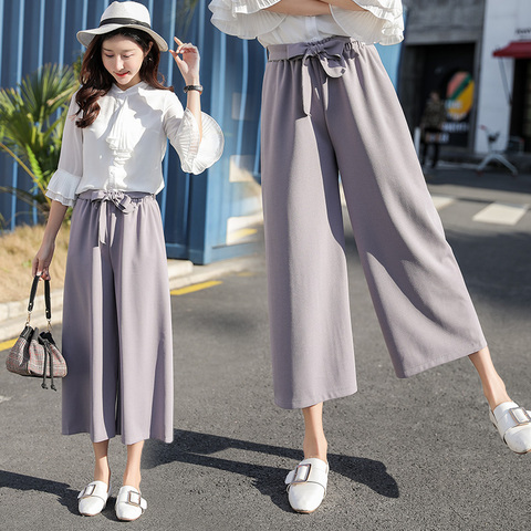 Wide-leg pants for women, new spring and summer Korean version, versatile loose chiffon casual straight-leg lace-up nine-point high-waisted women's trendy pants