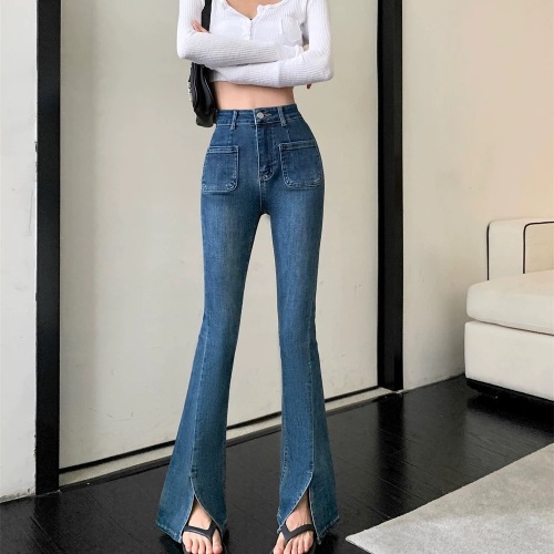 Retro high-waisted blue slit micro-flare sweet and cool style pants for small women slimming front pocket stretch jeans