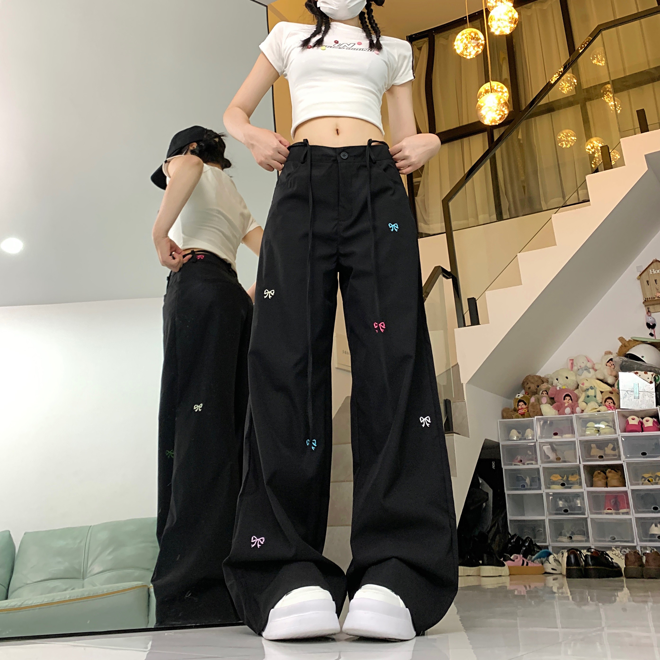 實拍#蝴蝶結刺繡休閒褲女春夏高腰系帶直筒寬鬆顯瘦闊腿拖地褲