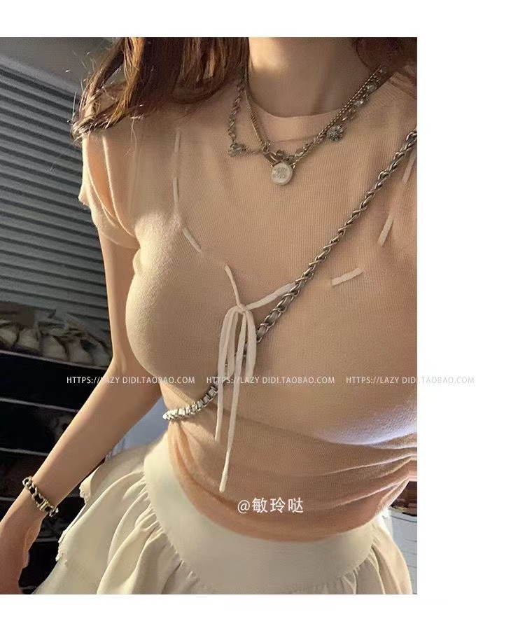 Summer new Korean style slimming versatile short-sleeved tops for girls round neck lace-up pleated waist short-sleeved tops for women
