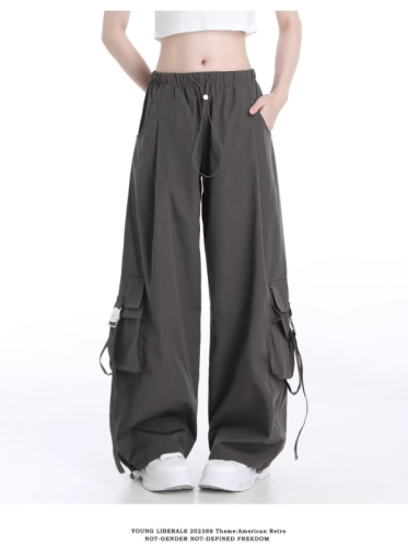 vibe风设计感美式复古休闲工装裤低腰宽松抽绳裤子女夏季薄款
