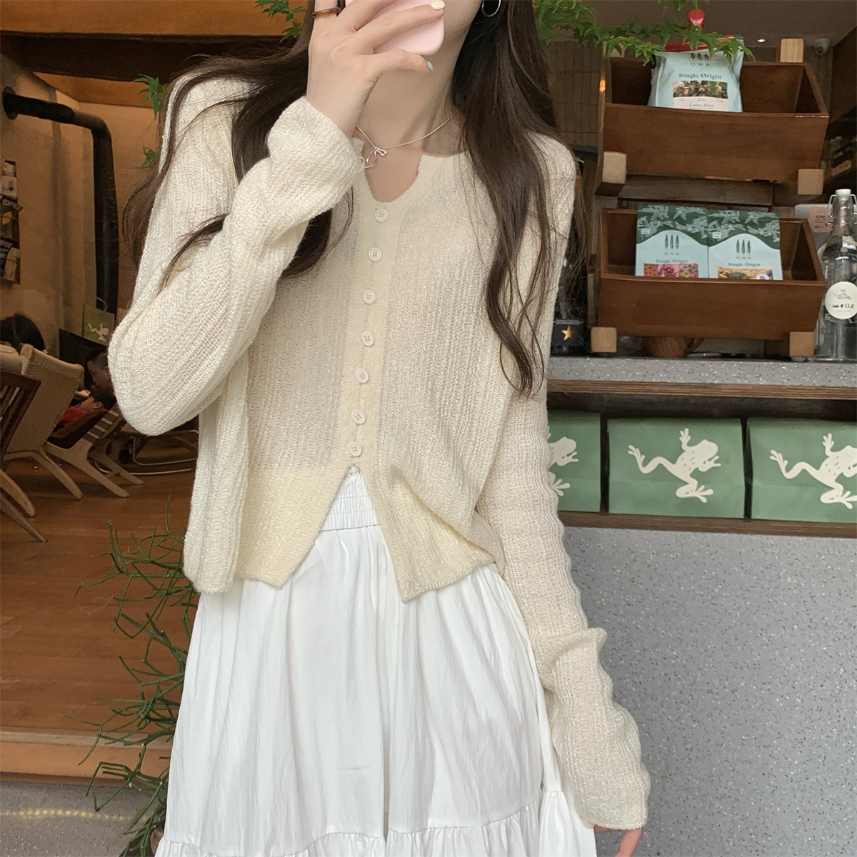 實拍 夏季韓版半開領單排扣開叉設計感薄款長袖防曬針織上衣