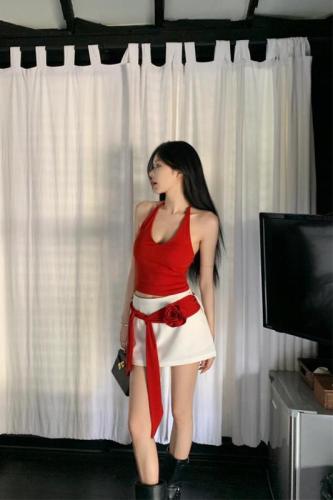 Real shot ~ hot girl halterneck suspender detachable flower belt skirt summer A-line skirt