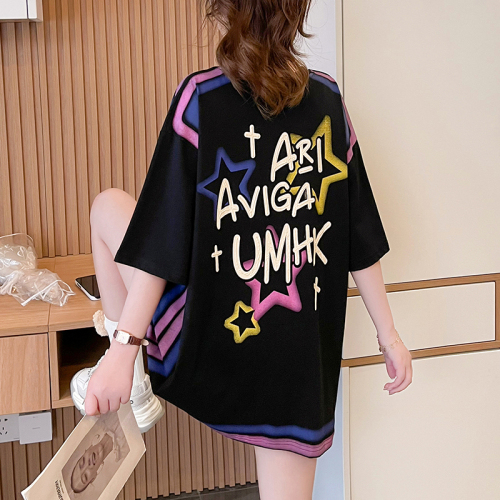 Actual shot of pure cotton 200g back collar mid-length round neck graffiti short-sleeved T-shirt women's loose large size summer top