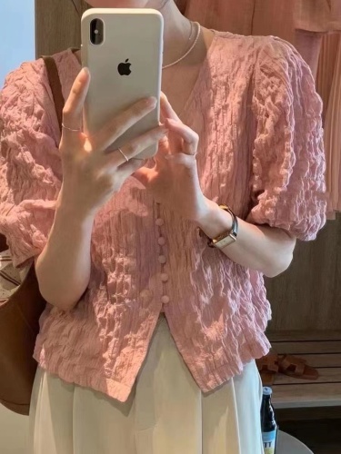 韩国春夏款女气质褶皱肌理感泡泡袖系扣短袖衬衫