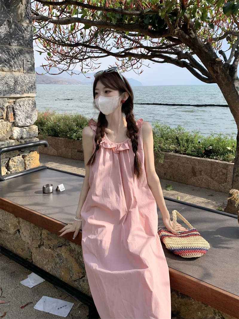 實拍~甜美木耳邊交叉露背設計感連衣裙