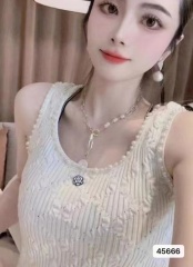 2024 new summer style French style round neck slimming vest with pearl beads