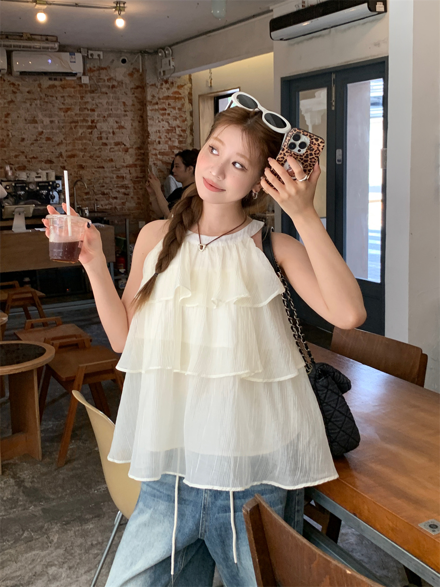 實拍！法式氣質無袖露肩蛋糕層掛脖上衣女寬鬆甜美背心小衫