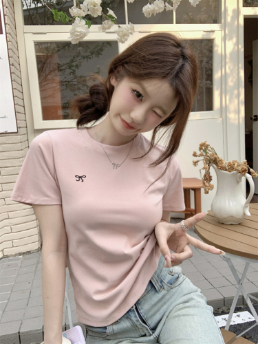 Real shot Summer Korean style round neck bow embroidered right shoulder slim design pure cotton short-sleeved T-shirt top