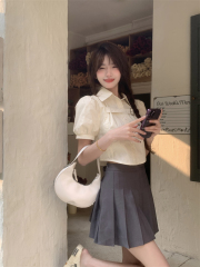 Real shot French puff sleeve niche design irregular short Polo versatile short-sleeved shirt top