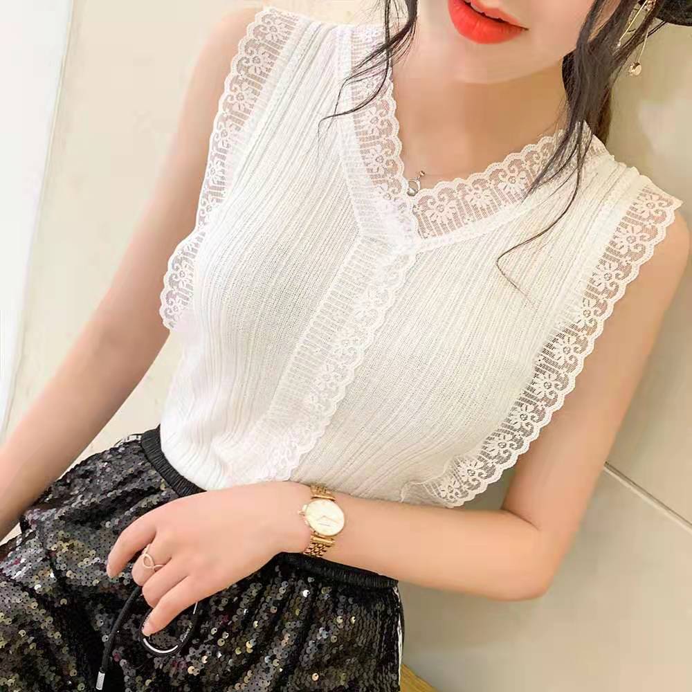 Sweet V-neck hollow lace knitted vest for women Korean style slim fit outer wear with sleeveless top as a base layer