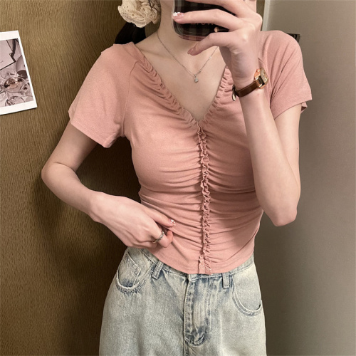 Real shot of fragrant short top women's fungus v-neck short-sleeved T-shirt