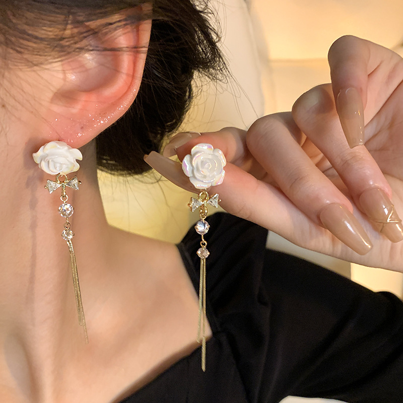 S925 silver needle Korean new elegant temperament long tassel earrings women's niche high-end flower earrings earrings