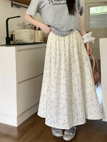 Actual shot of Korean style high-waisted slimming and versatile hip-covering A-line long skirt with polka dot skirt
