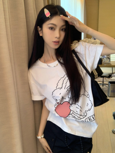 Real shot of summer clothing Internet celebrity pure lust style Korean rabbit print loose and versatile short-sleeved T-shirt top for women