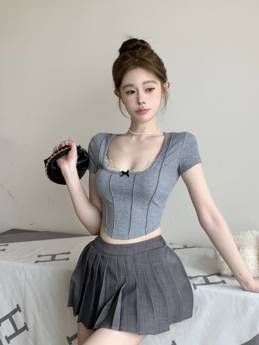 Real shot of French square collar lace splicing knitted short top dividing line short-sleeved T-shirt