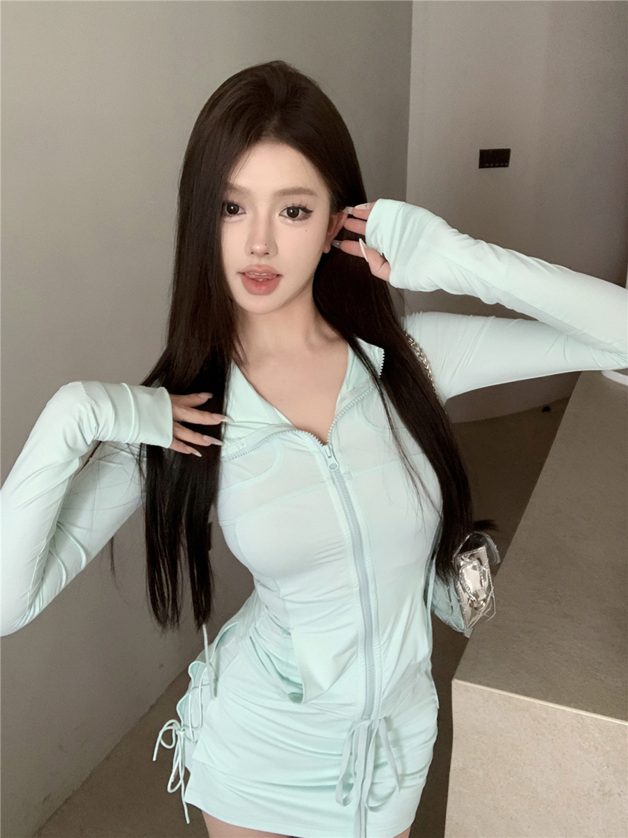 Real shot of yoga, super nice and sexy, slim fit, thin hooded sun protection clothing, cardigan + hip straps, skirt pants for women