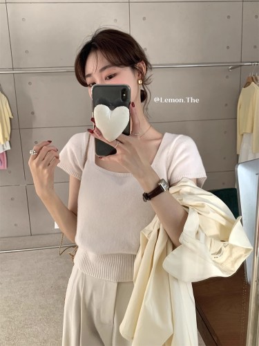 The lemon2024 early spring new style simple square collar wool short-sleeved pullover sweater tops women's T-shirt