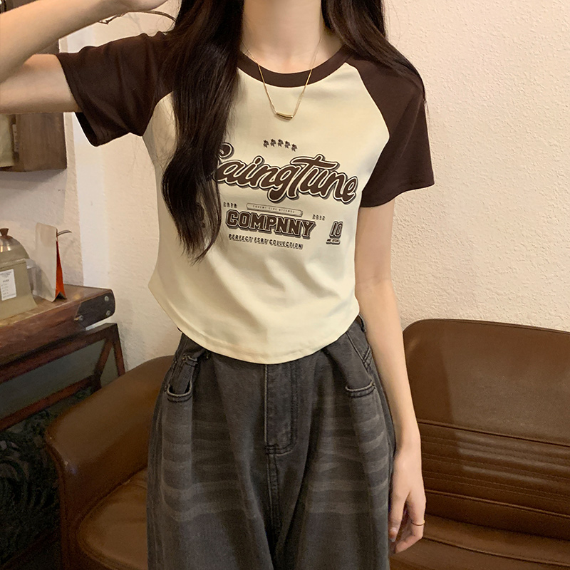 Real shot of American retro contrast color splicing short-sleeved T-shirt for women summer pure cotton short hot girl raglan sleeve top
