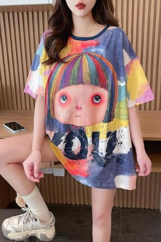 Actual shot of pure cotton 200 grams, back collar, mid-length tie-dyed round neck short-sleeved T-shirt for women, designer summer top