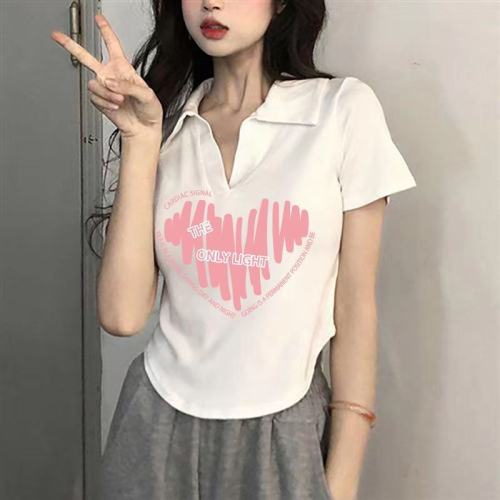 Large size polo collar right shoulder short-sleeved T-shirt for women summer 2024 sweet hot girl pure lust style slim irregular top