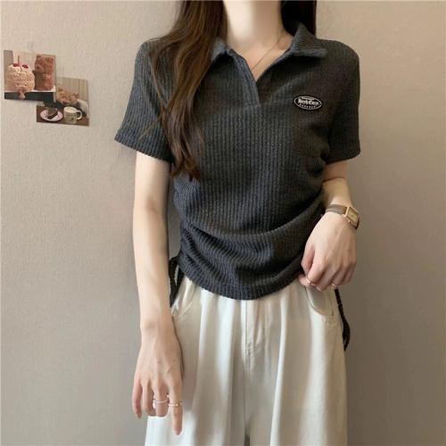 Large size American right shoulder polo collar short-sleeved T-shirt women's new summer fat mm top design niche