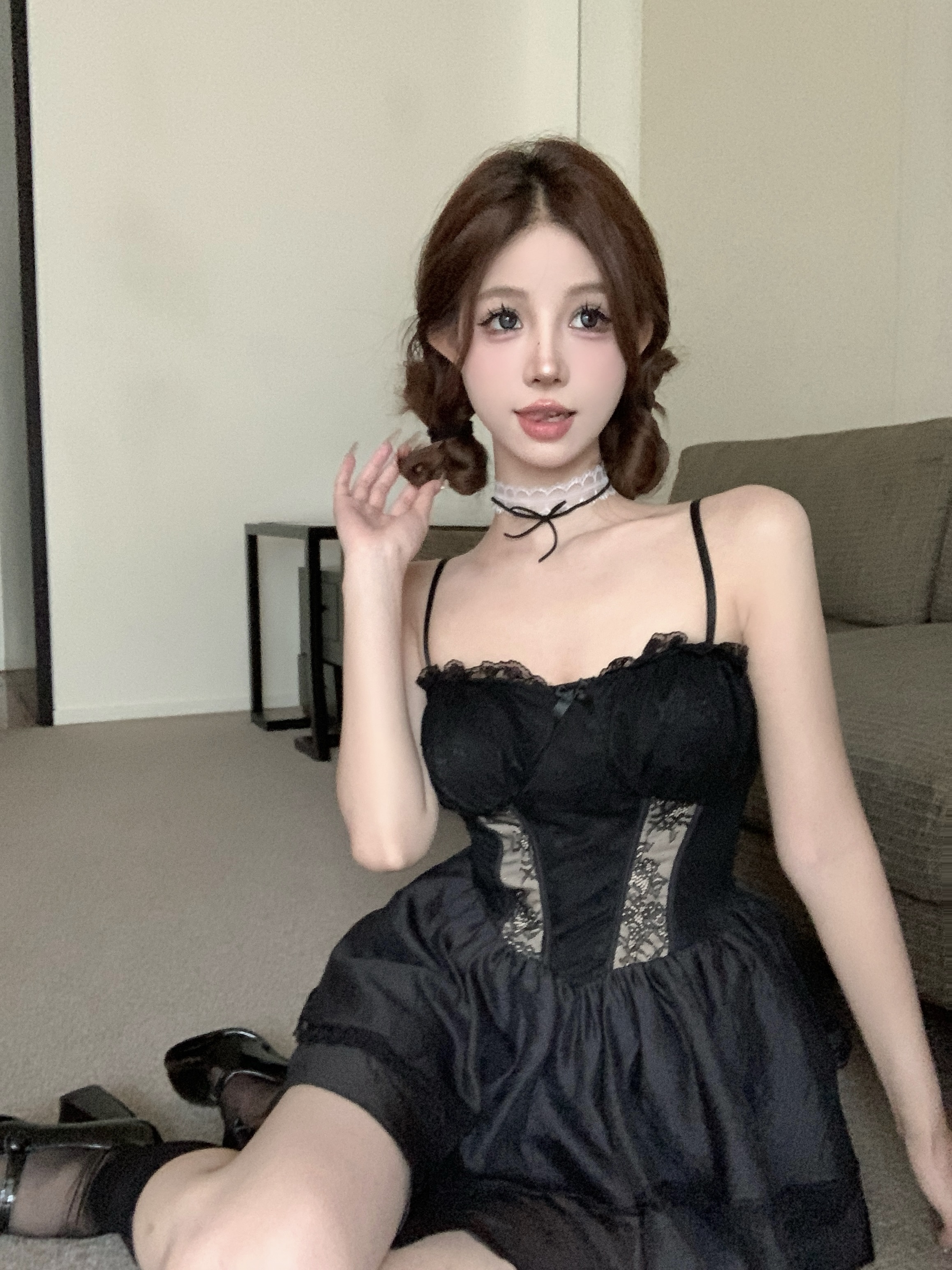 Photographed New Summer Hot Girl Pure Desire Lace Edge Splicing Sheer Strap Dress