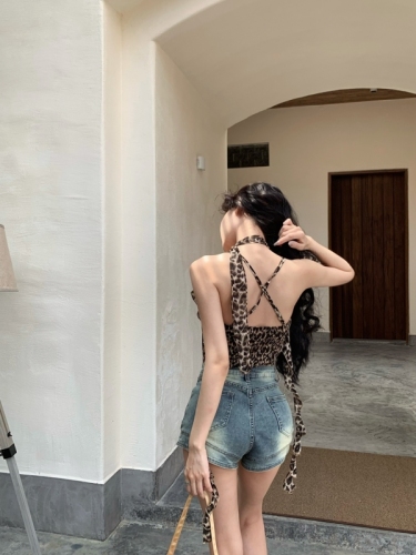 Real shot of summer savage hot girl style leopard print camisole female pure desire sleeveless stretchy ribbon chiffon top