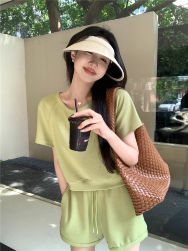 Casual suit summer simple round neck short-sleeved T-shirt top women's drawstring wide-leg a-line shorts sports two-piece set